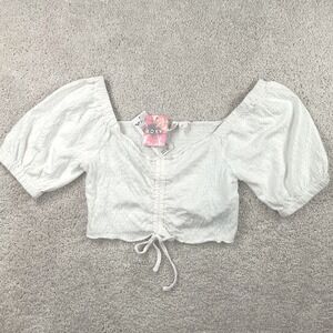 Roxy Flirty Waves White Textured Ruched Crop Top Puff Sleeve Womens Large NWT